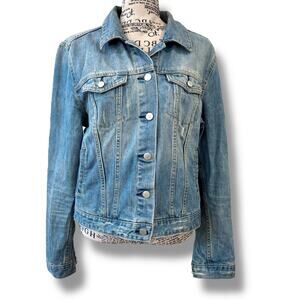 Gap Women's Size L Med Blue Denim Button Front Distressed Jacket